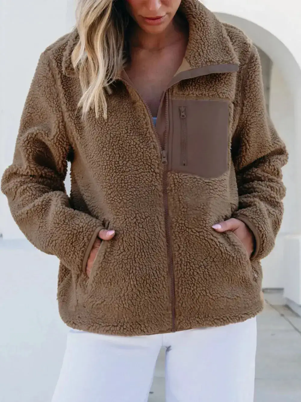 Plush Zip Front Pocketed Casual Jacket