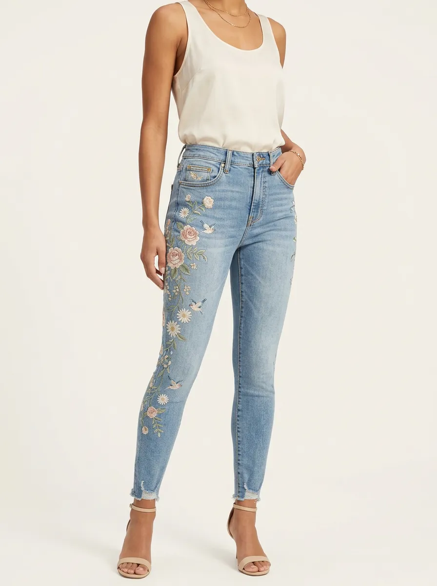 Women's Floral Rose Daisy Embroidered Printed Slim Jeans