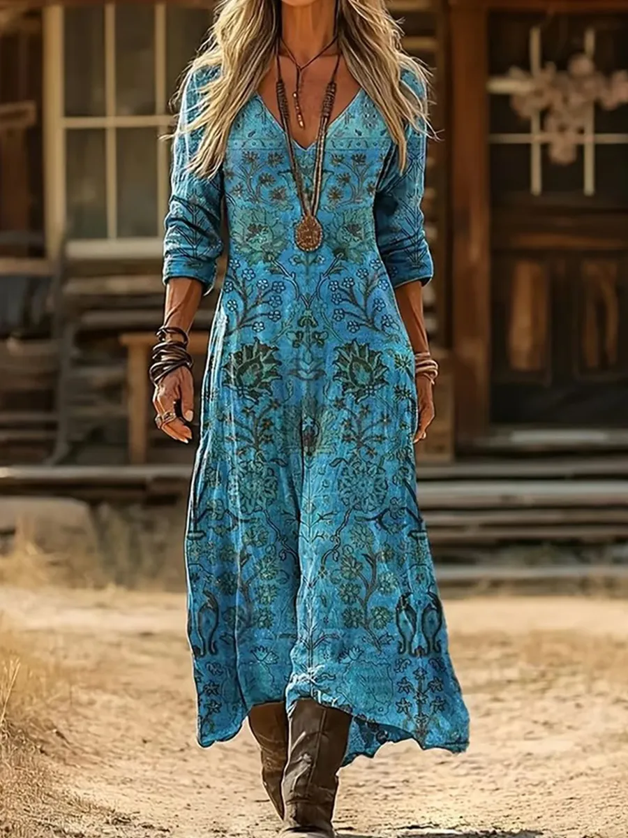 Women's Casual Retro Floral Long-Sleeved Cotton Linen Dress