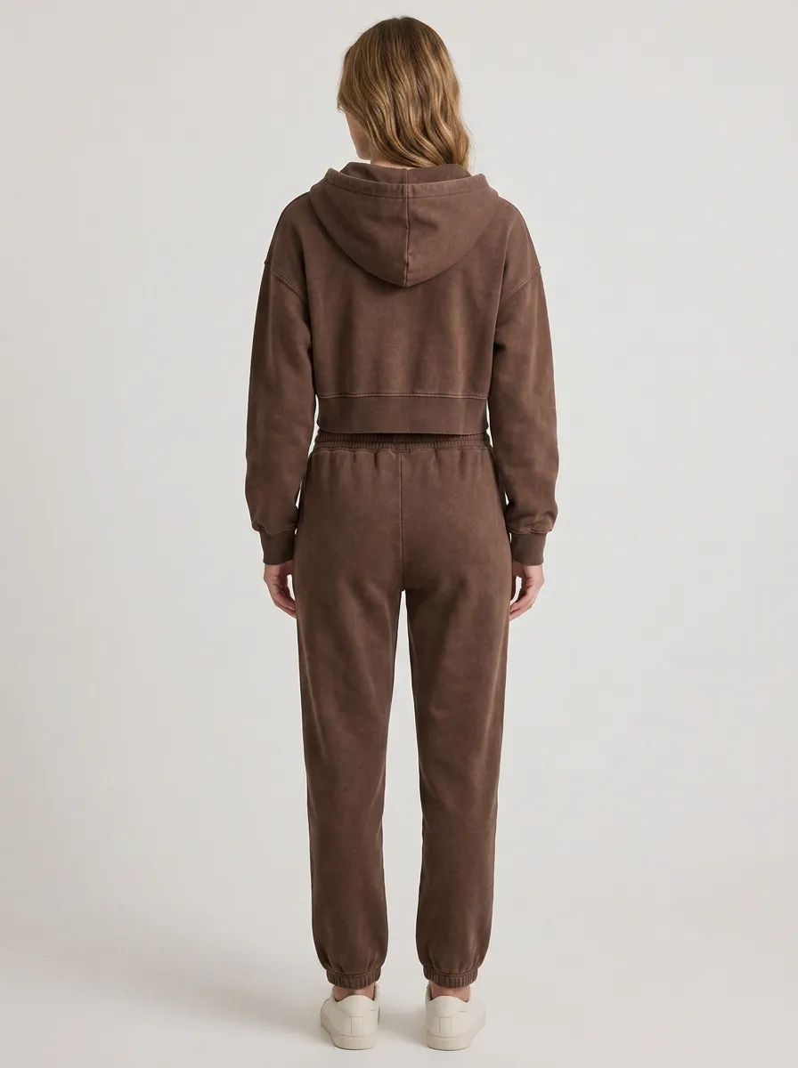 Zip-Up Vintage-Wash Jogger Minimal Women's Cropped Zip-Up Hoodie Jogger Active Set