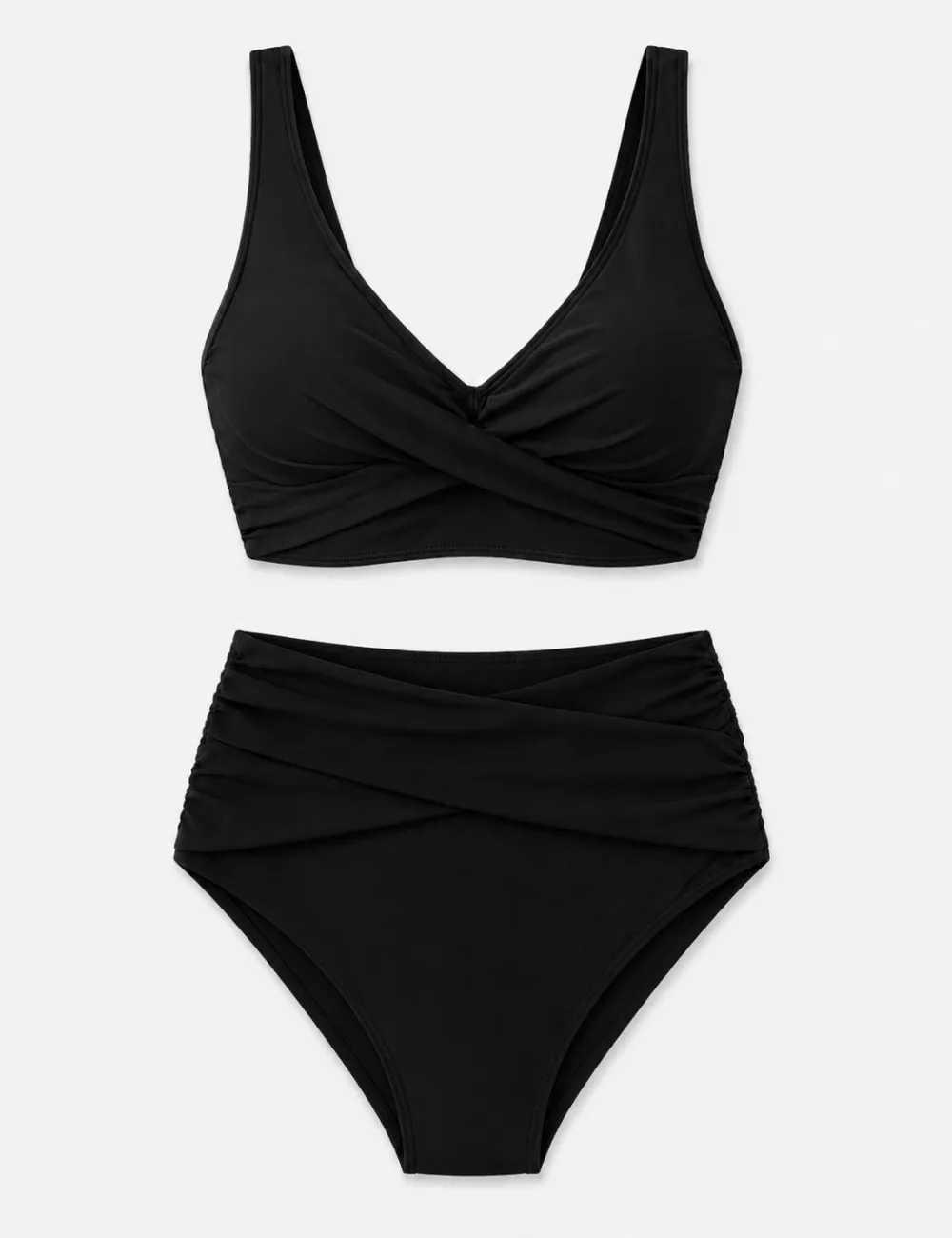 Twist Front V Neck High Waisted Bikini Set