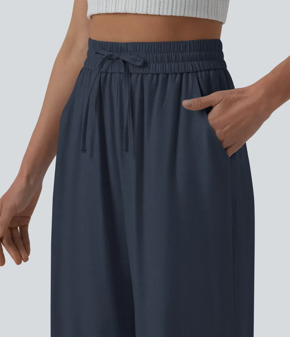 2026🔥High Waisted Drawstring Wide Leg Casual Linen-Blend Trousers with Pockets