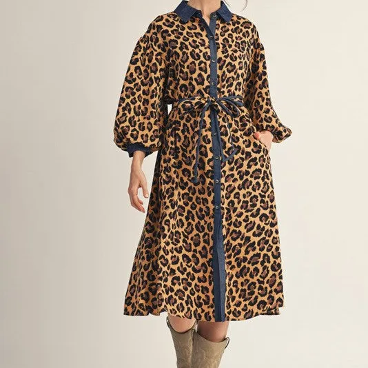 Animal Print Denim Puff Sleeve Button Front Dress