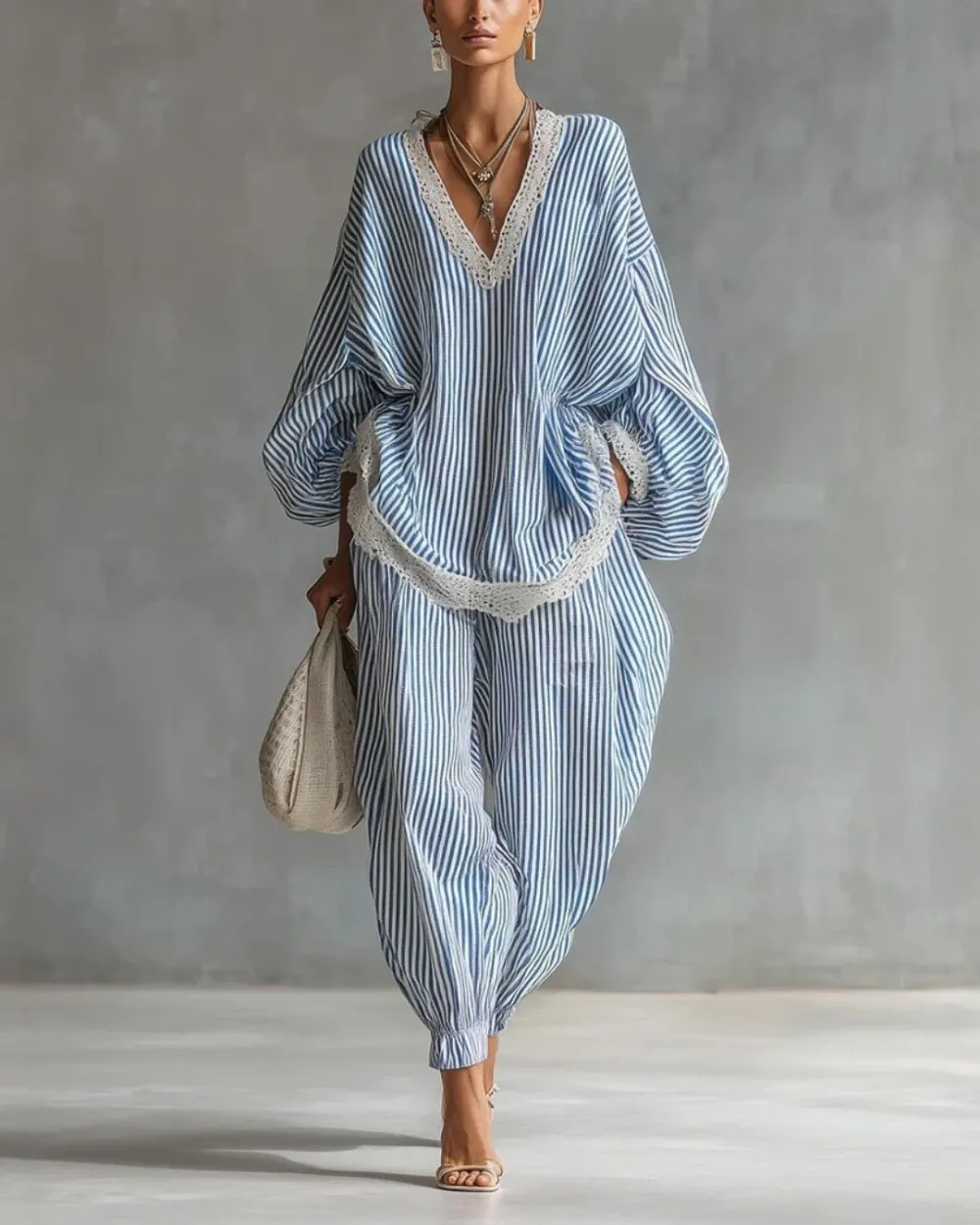 Striped Lace Trim Oversized Two-Piece Set Boho Coastal Chic Outfit