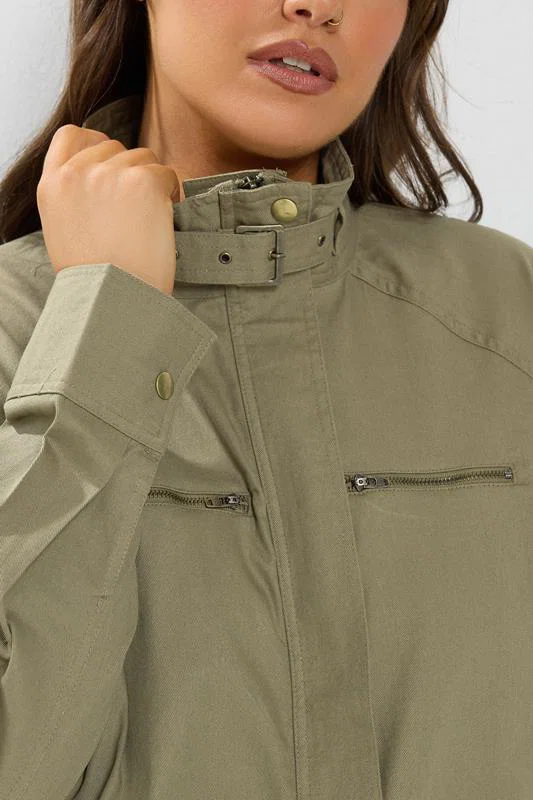 Khaki Green Funnel Neck Twill Shacket detail 4