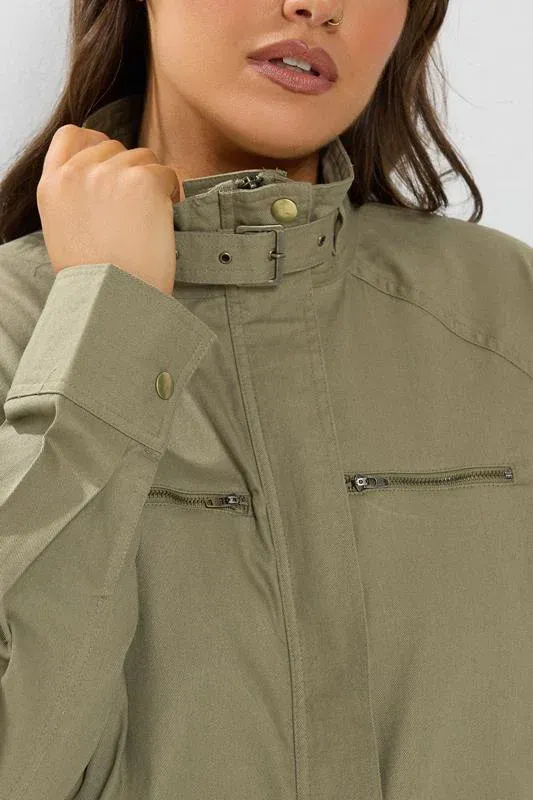 Khaki Green Funnel Neck Twill Shacket