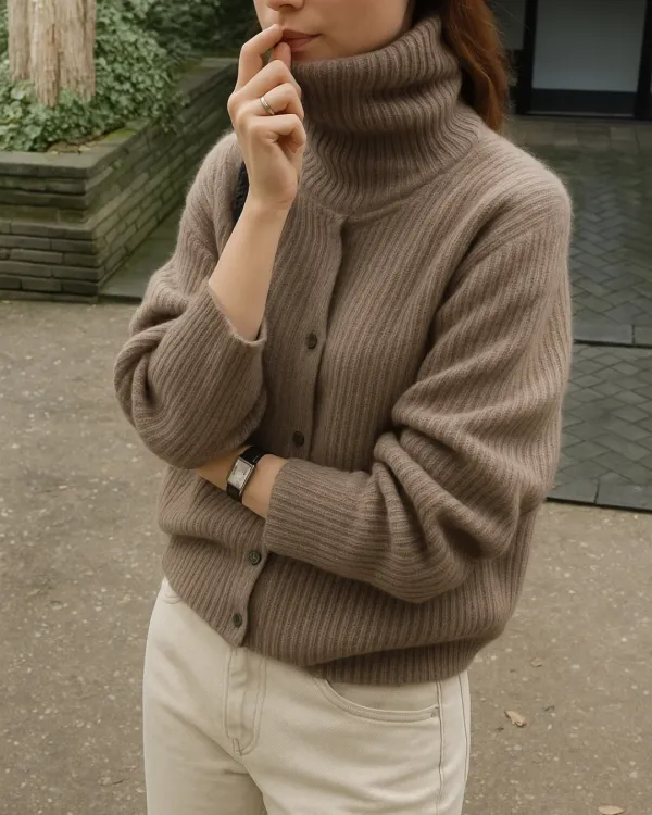 Cashmere Blend Ribbed Turtleneck Knit Cardigan