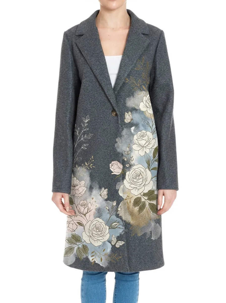 Women's Floral Butterfly Watercolor Printed Wool Coat