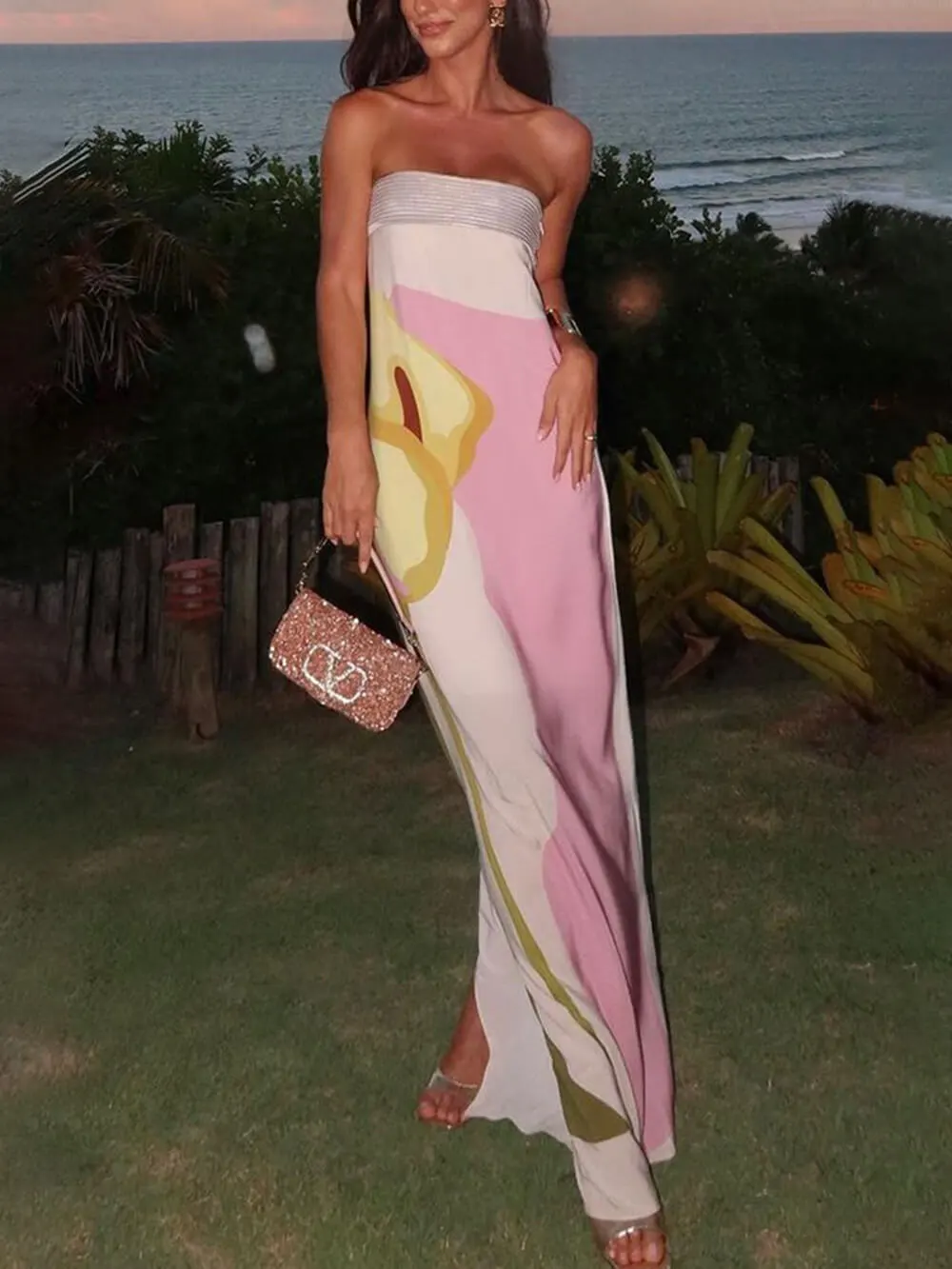 Chest Wrapped Print Floor Maxi Dress