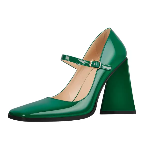 Patent Finish Square Toe Chunky Heel Pumps