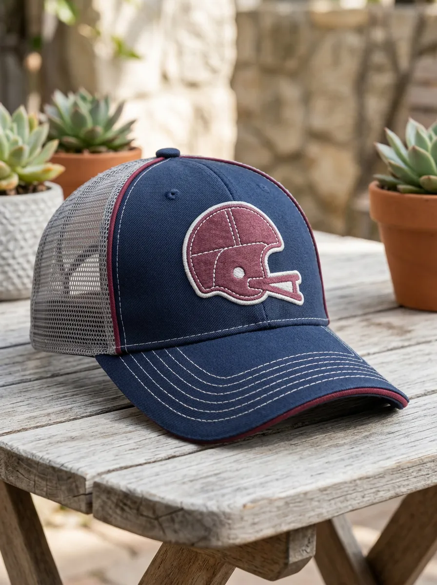Men's Football Fan Maroon Helmet Embroidered Mesh Trucker Cap