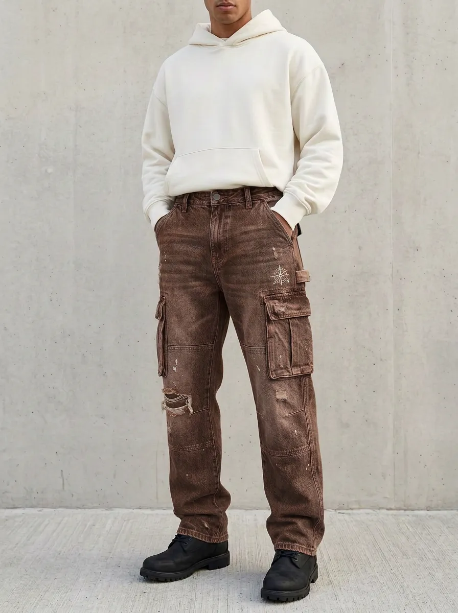 Men's Ridge Streetwear Compass Graphic Distressed Printed Cargo Jeans