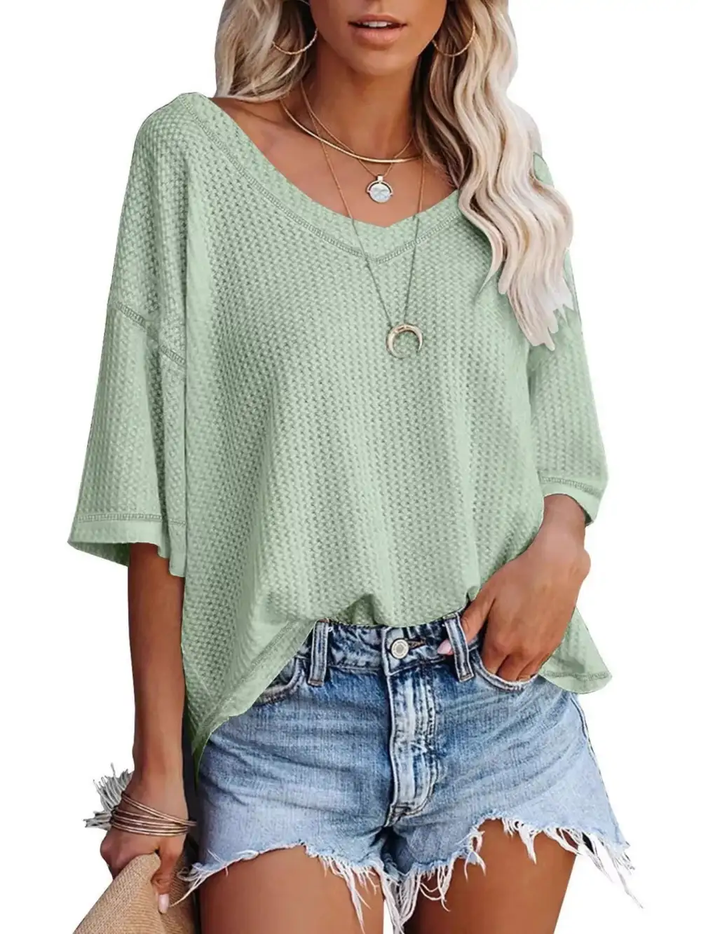 Relaxed V-Neck Short-Sleeve Knit T-Shirt