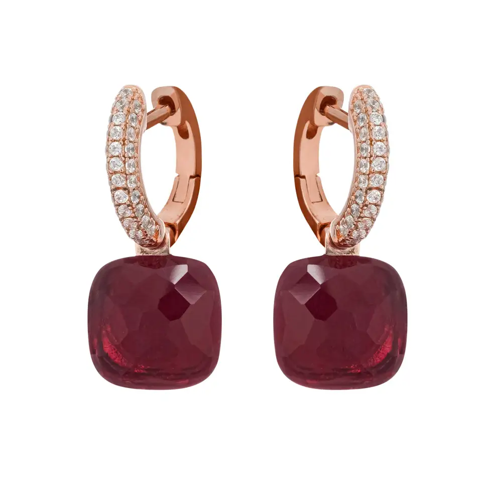 Red Cushion Cut Gemstone Hoop Sterling Silver Earrings