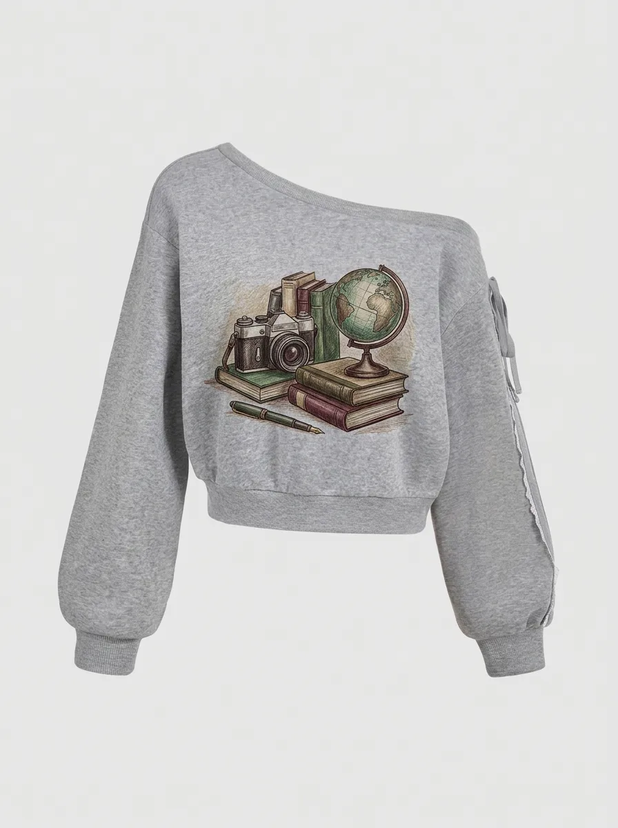 Women's Travel Scholar Globe Camera Books Graphic Sweatshirt