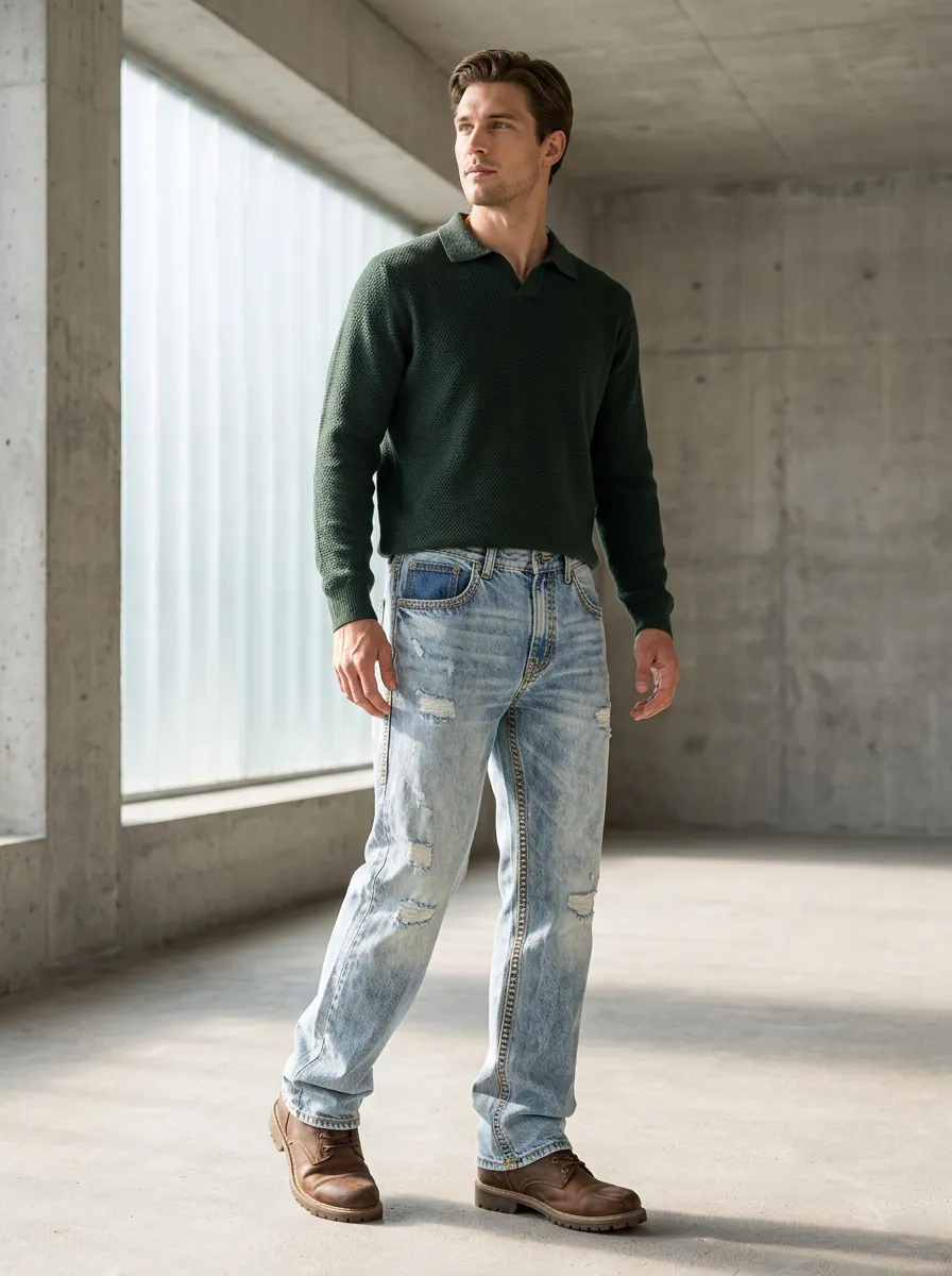 Men's Casual Fashion Distressed Light Wash Denim Jeans