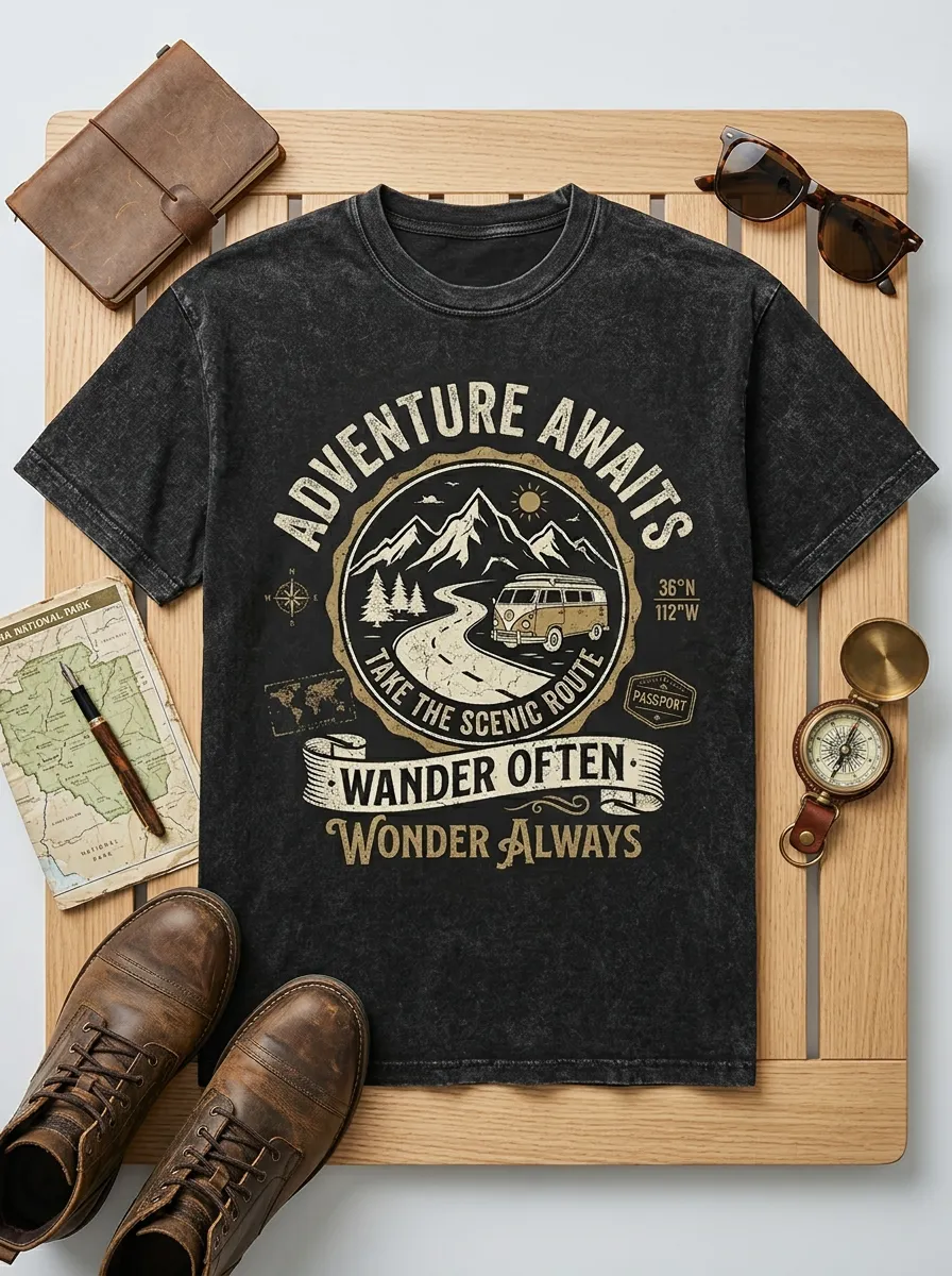 Unisex Adventure Camper Van Mountain Scenic Route Printed T-shirt