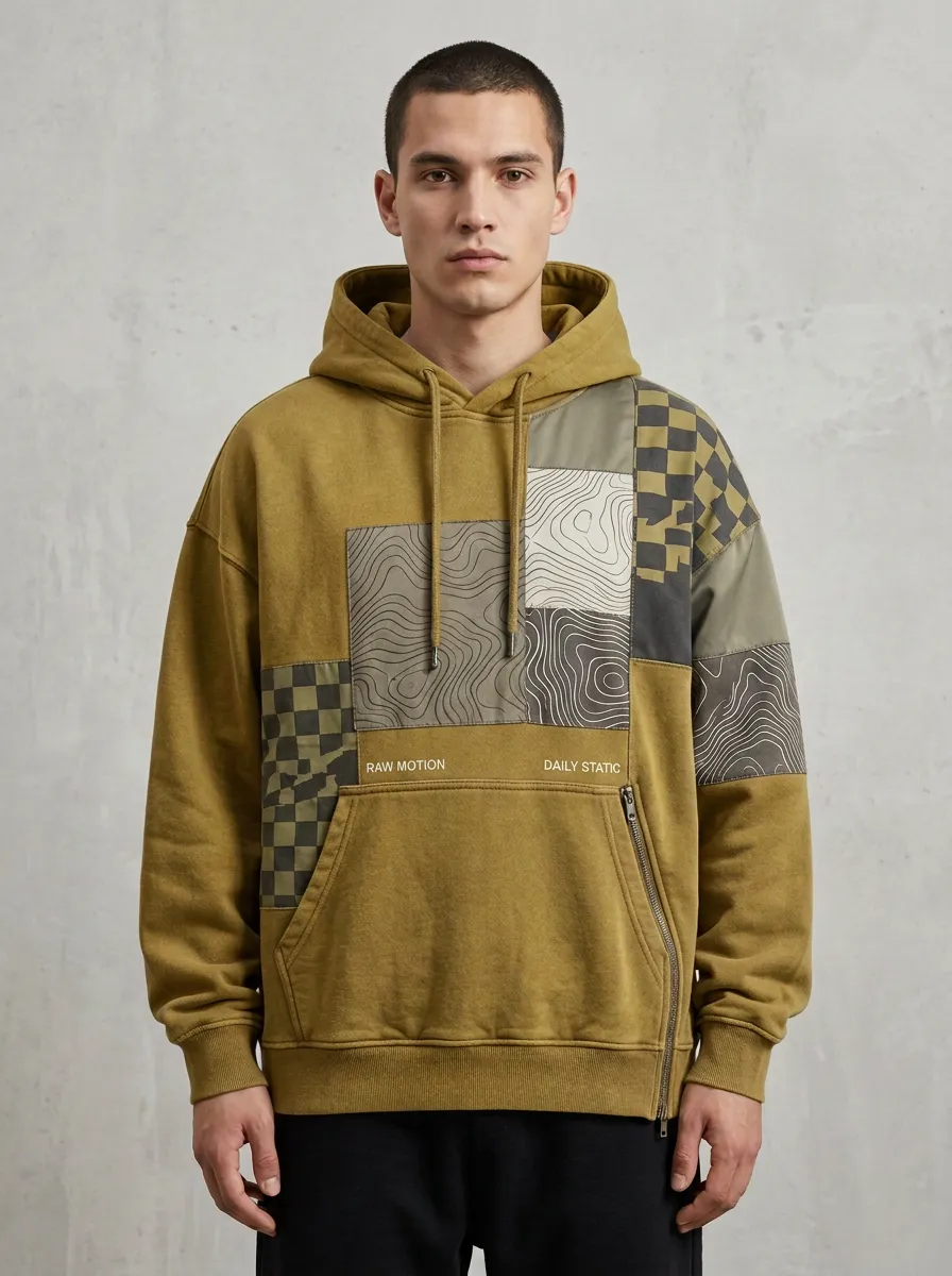 Topographic Checkered Patchwork Men's Graphic Hoodie