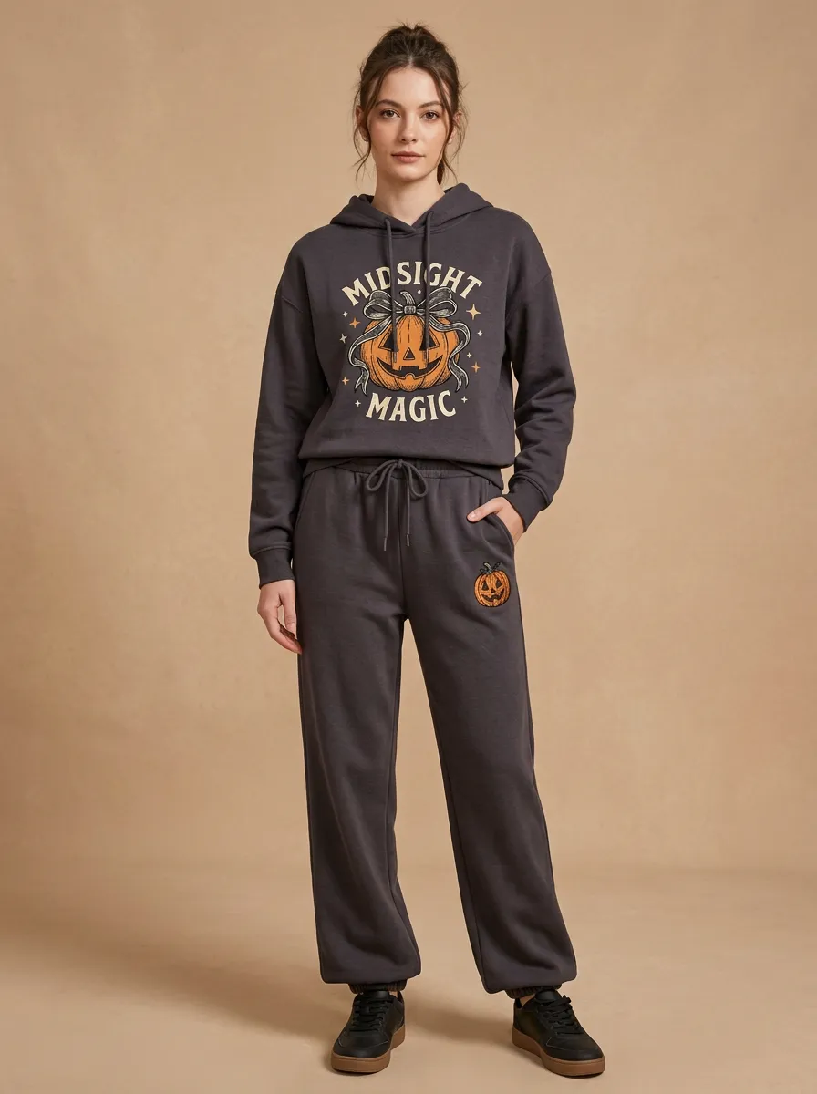 Women's Halloween Magic Pumpkin Bow Printed Lounge Set