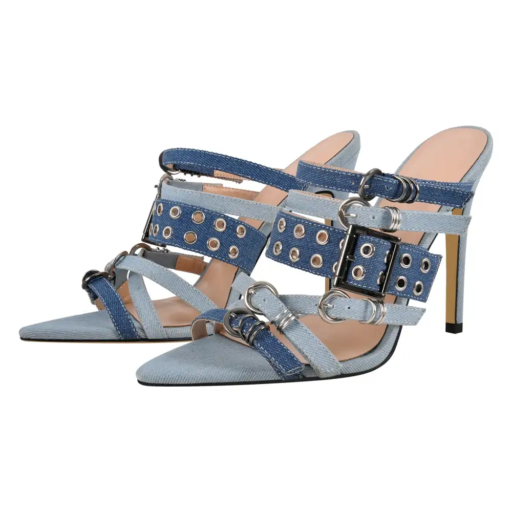 Denim Pointed Toe Buckle Strap Mule Sandals