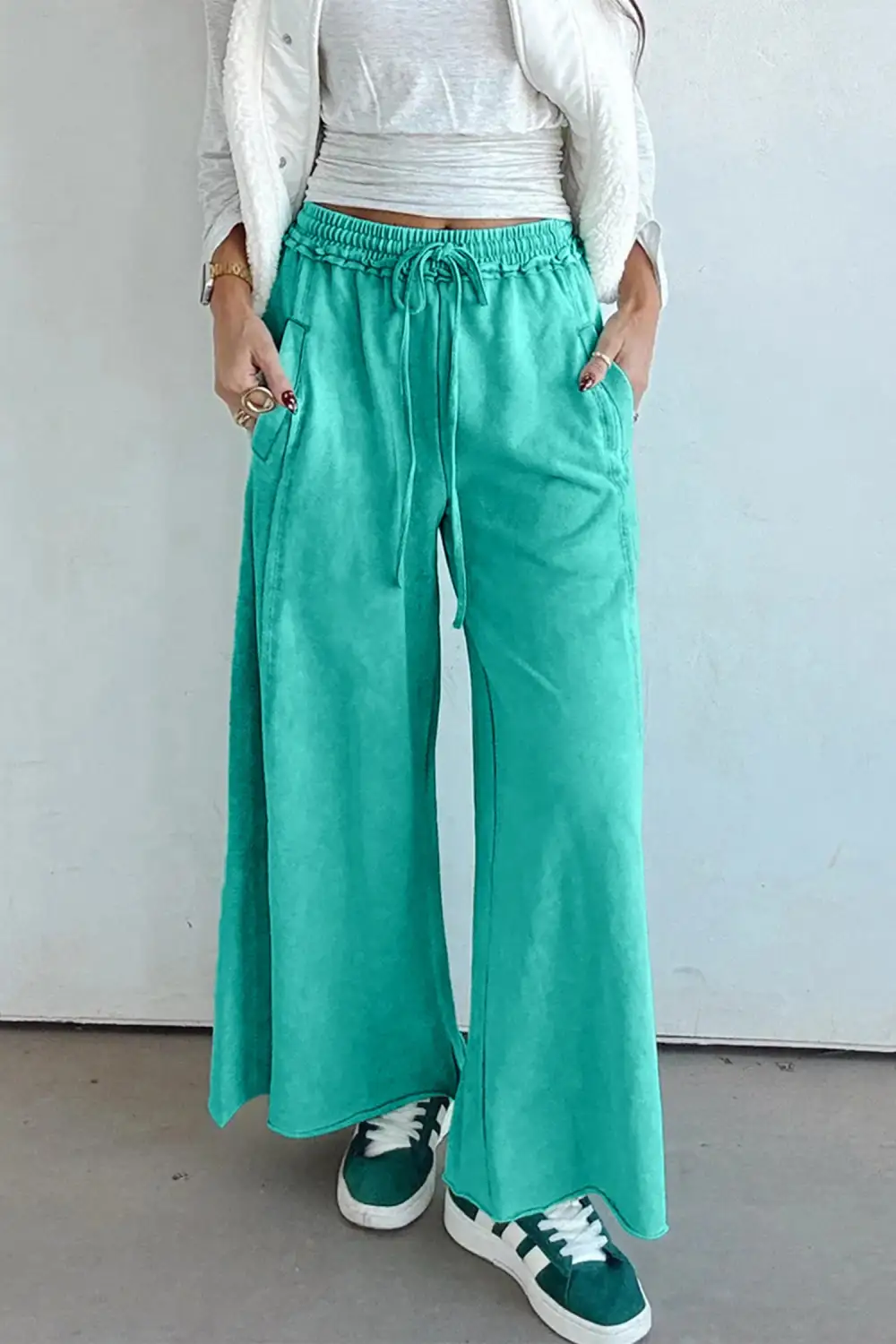 Wash Drawstring Elastic Waist Raw Hem Loose Trousers