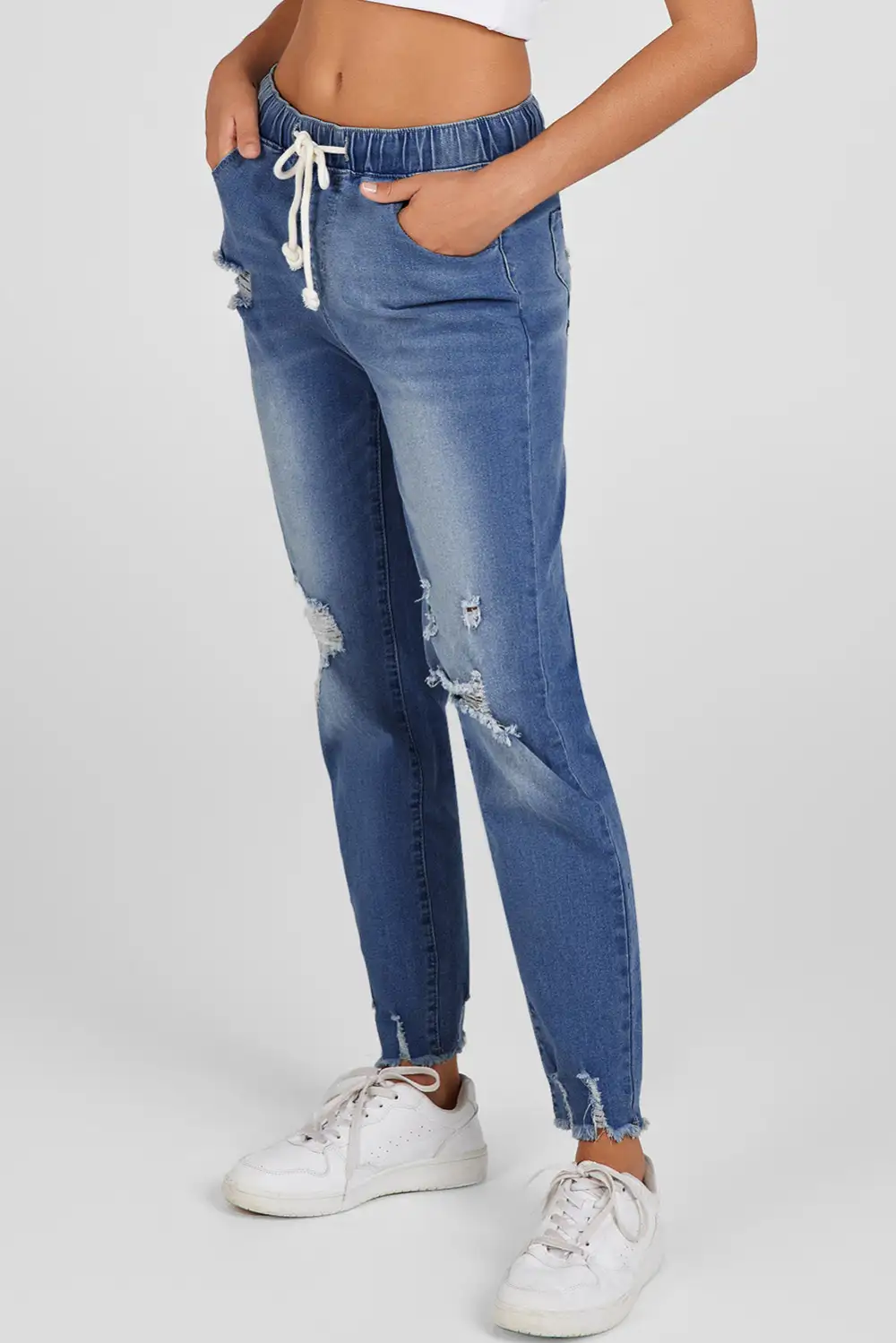 Mid-Rise Raw-Hem Ripped Elastic-Waist Straight Leg Jeans