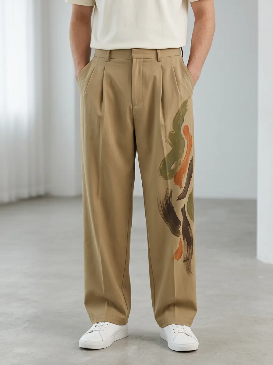 Men's Artistic Abstract Brushstroke Printed Wide Leg Pants Everyday Design