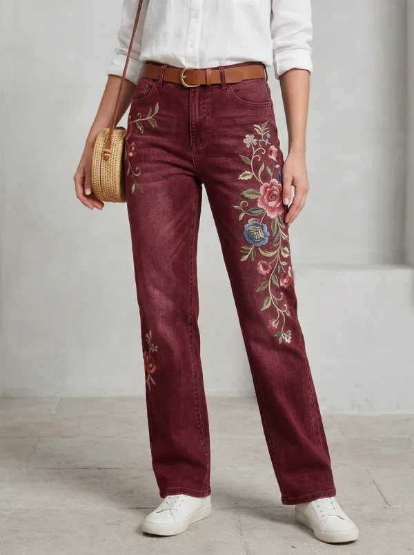 Women's Floral Embroidery Vintage Blue Straight Leg Jeans