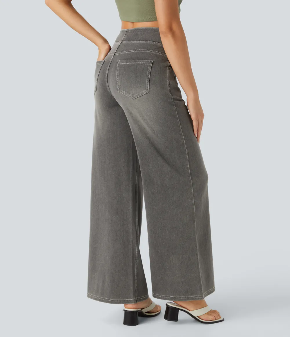 Magic High Waisted Multiple Pockets Wide Leg Washed Stretchy Knit Casual Jeans