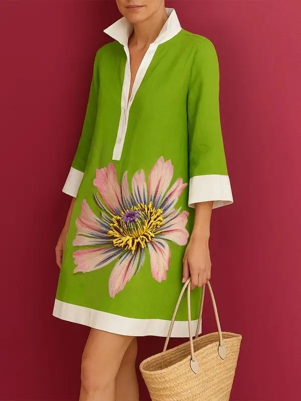 Relaxed Three Quarter Sleeve Buttoned Contrast Color Flower Print Lapel Mini
