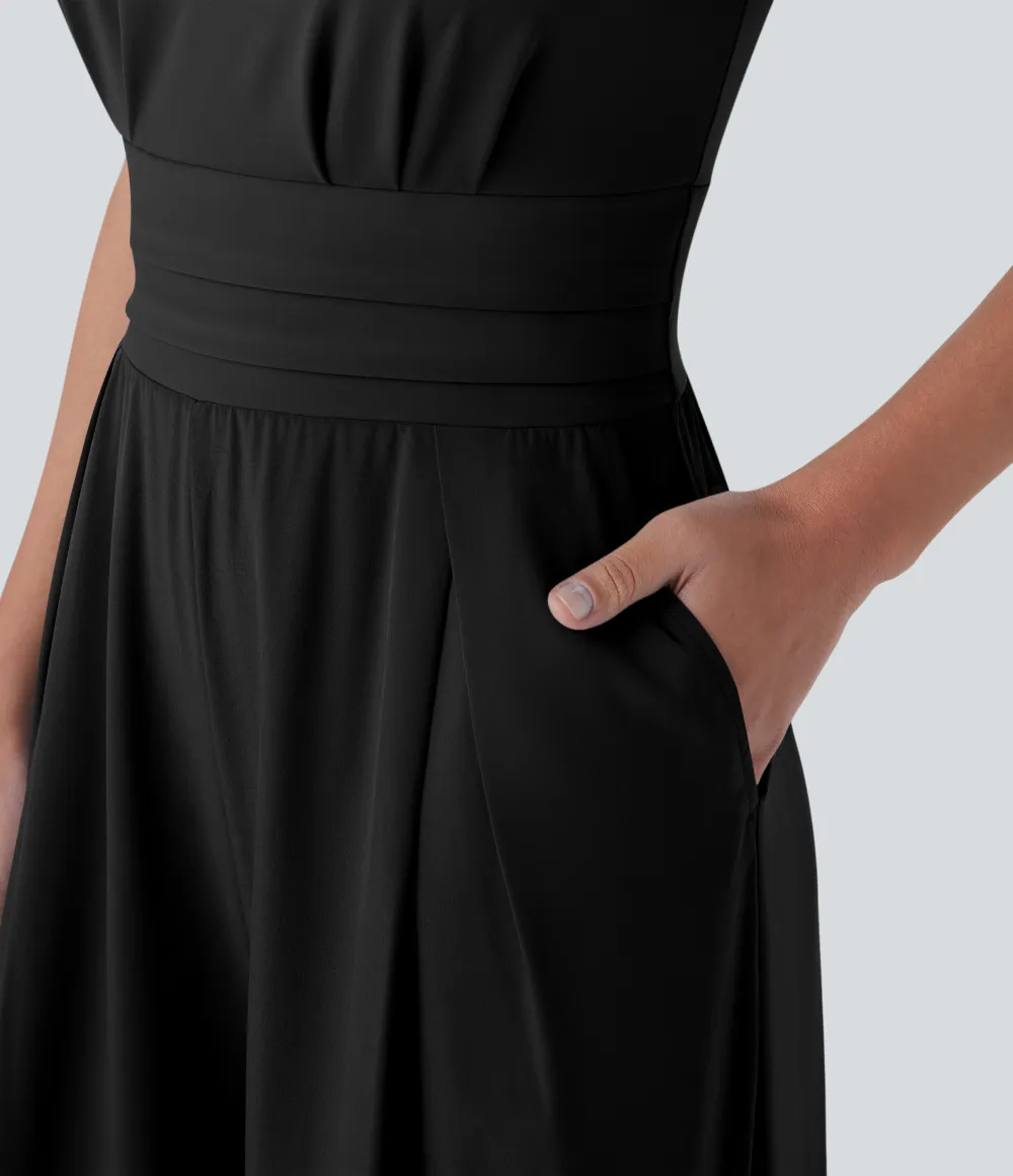 Breezeful V Neck Petal Sleeve Pocket Wide Leg Flowy Quick Dry Work Jumpsuit