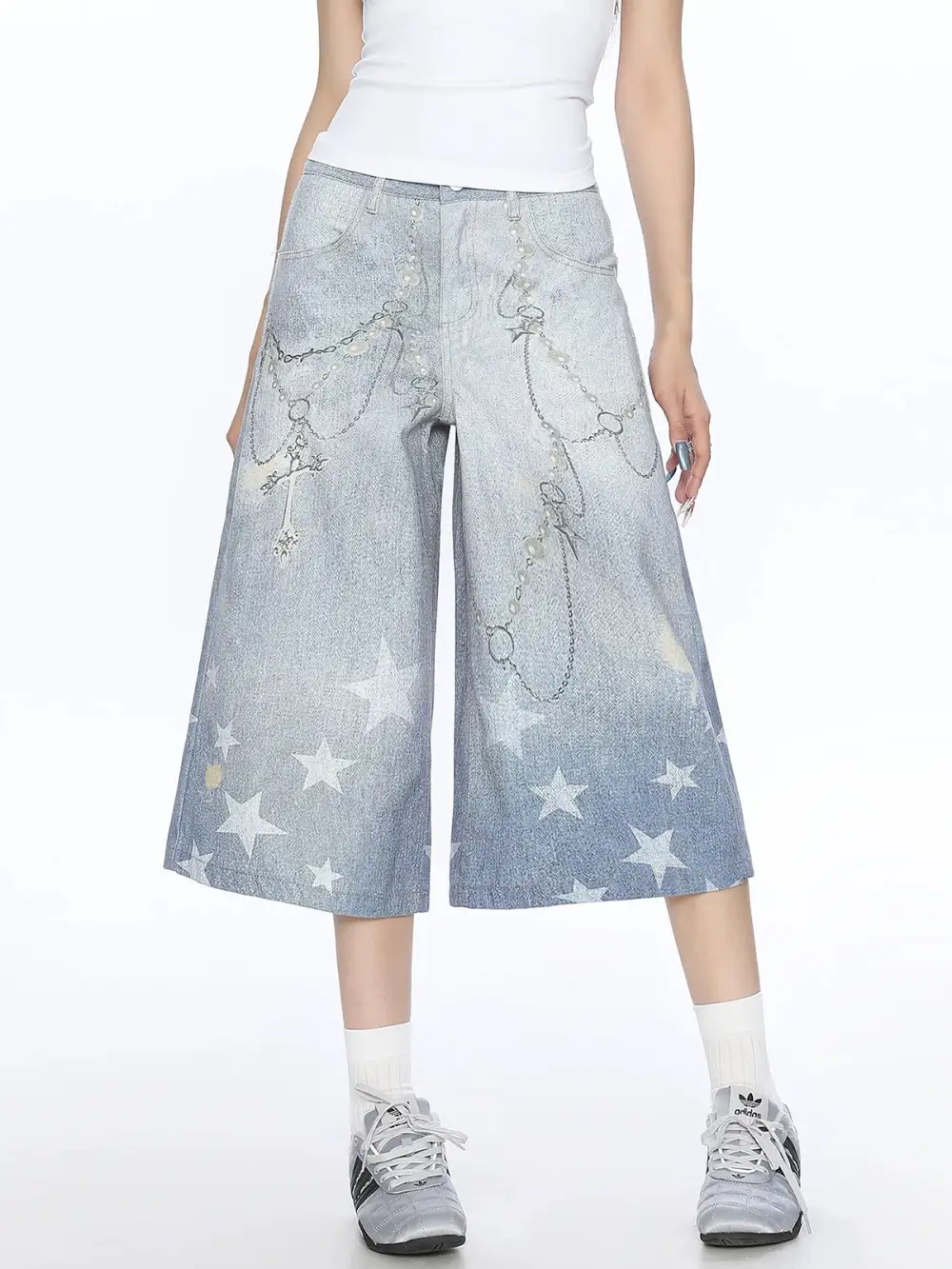 Wide-Leg Cropped Printed Denim Pants