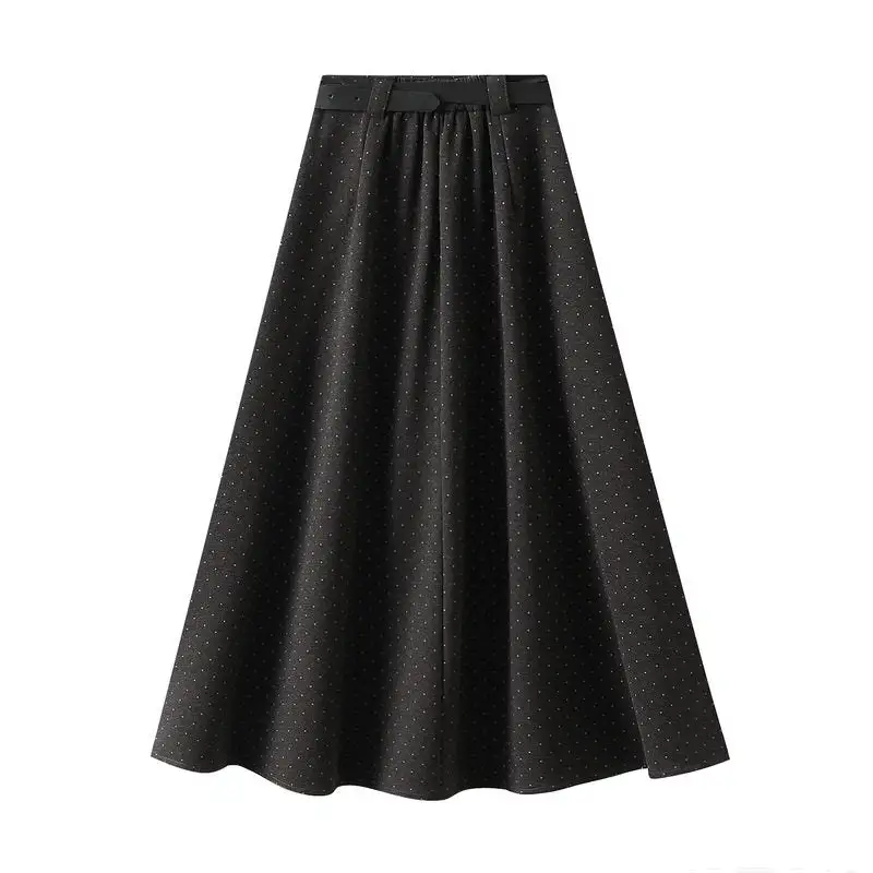 Flowing Belted Polka Dot Woolen Long Skirt
