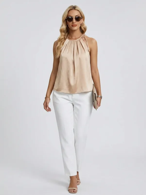 Satin Pleated Halter Neck Sleeveless Top