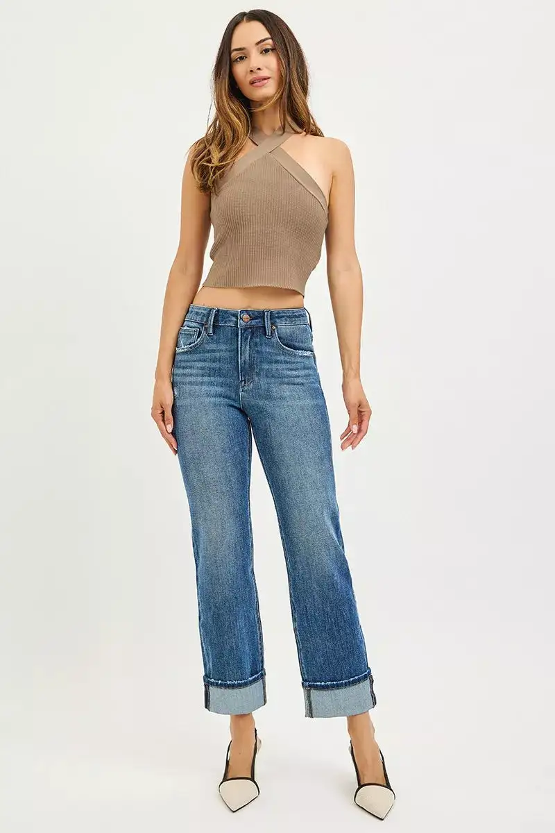 Straight Leg Stretch Cuffed Denim Jeans
