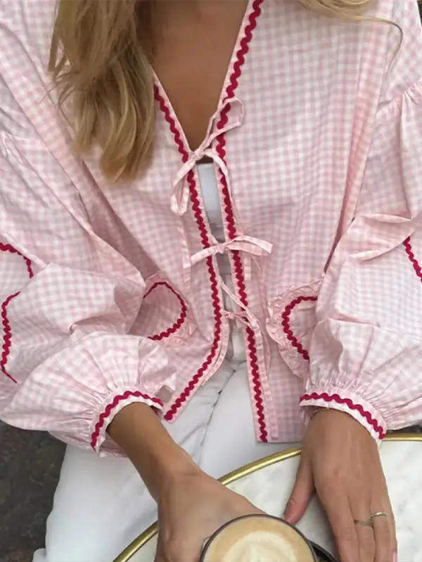 Gingham Tie Front Blouse