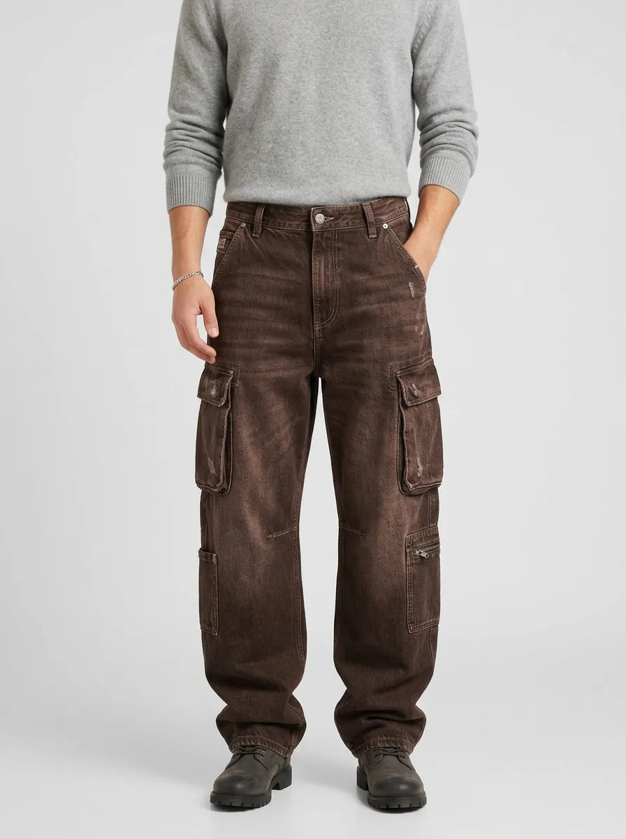 Men's Streetwear Washed Black Distressed Multi-Pocket Cargo Jeans
