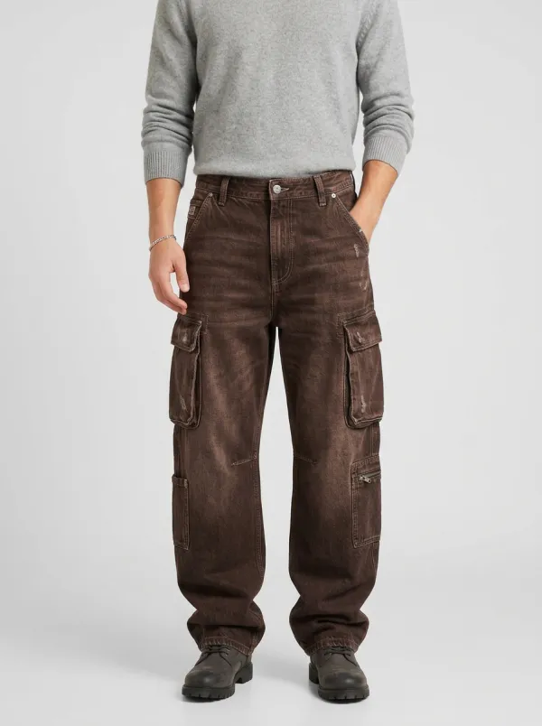 Men's Streetwear Washed Black Distressed Multi-Pocket Cargo Jeans