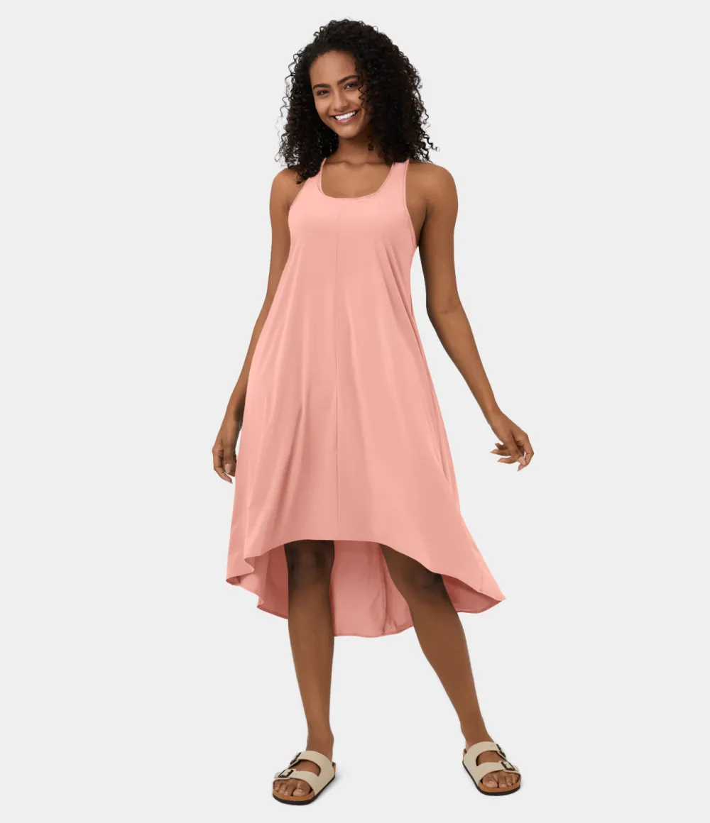 Breezeful Backless Racerback Side Pocket High Low Flowy Midi Quick Dry Casual Dress