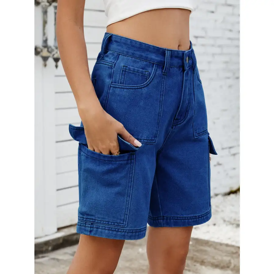 High Waist Pocketed Cargo Denim Shorts