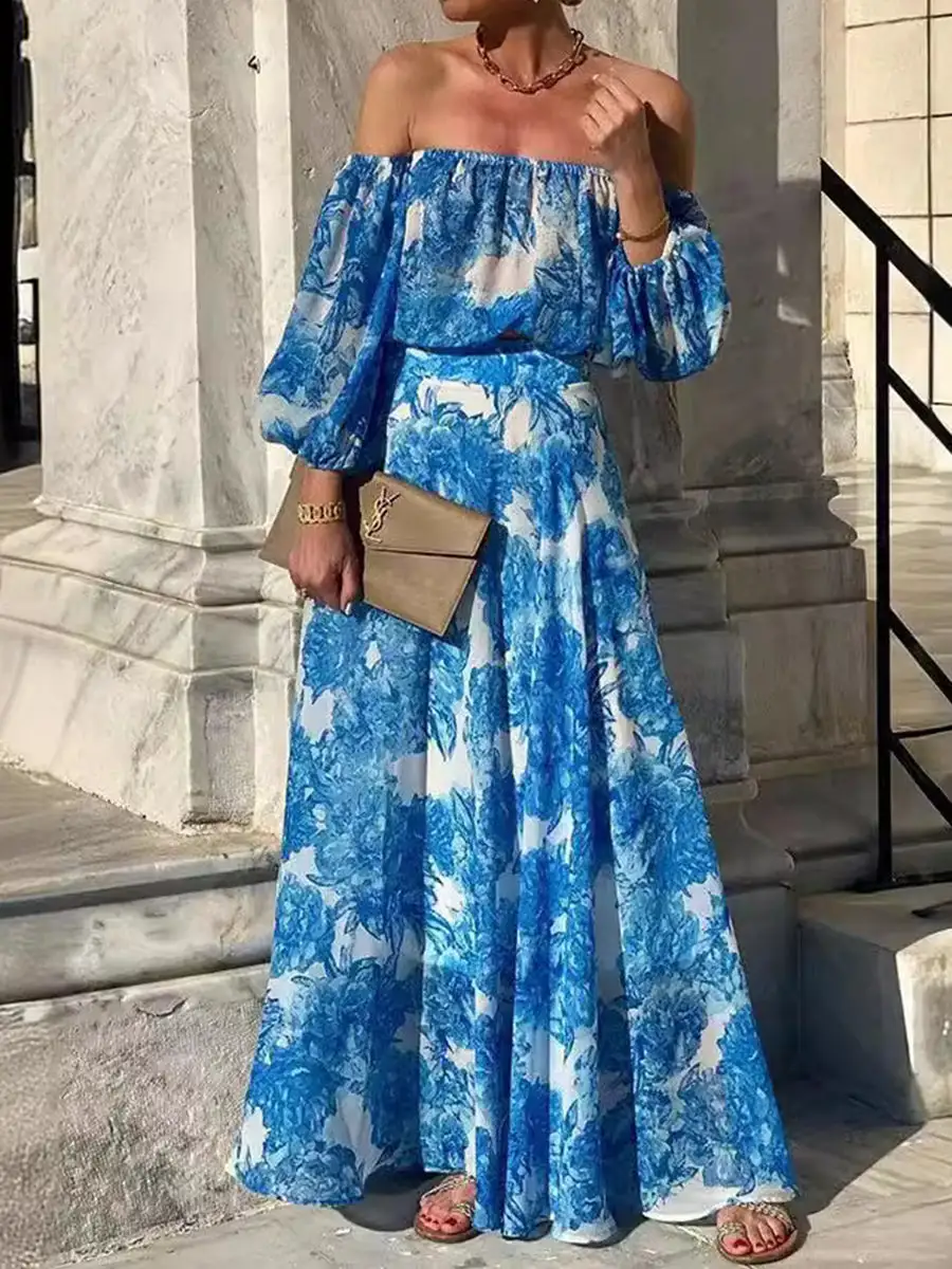 Pleated Printed Long Maxi Dress