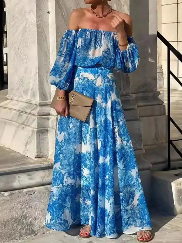 Pleated Printed Long Maxi Dress
