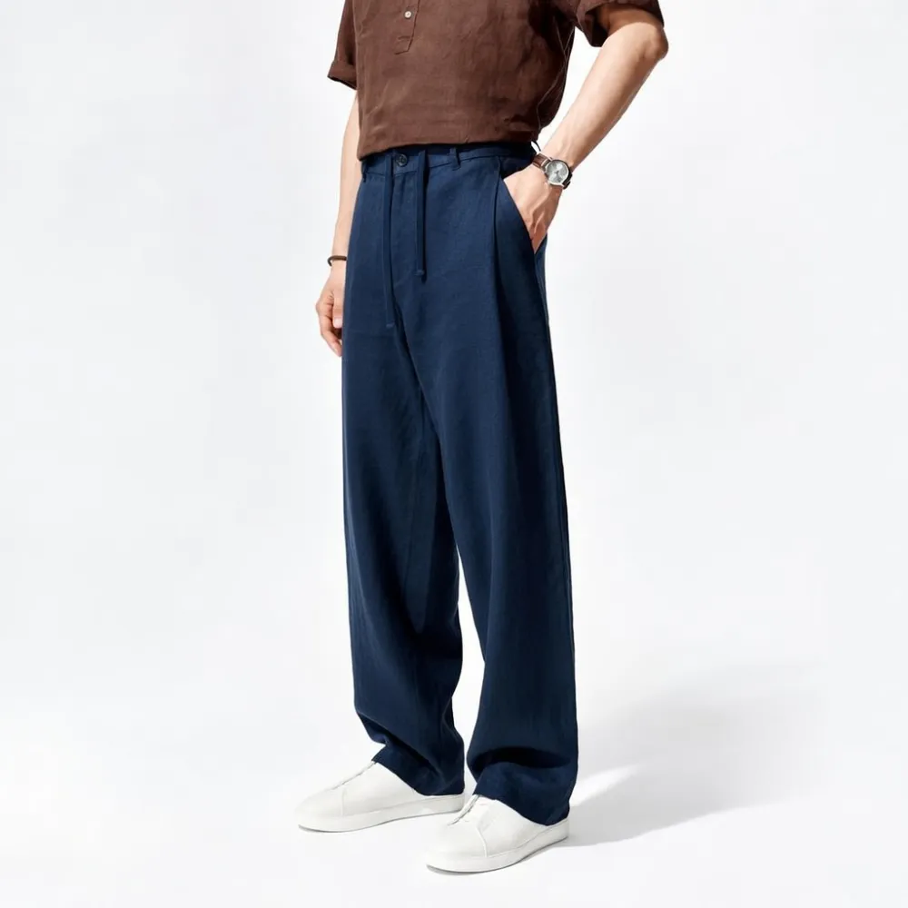 Men's Heavyweight Pure Linen Straight-Leg Casual Trousers – 