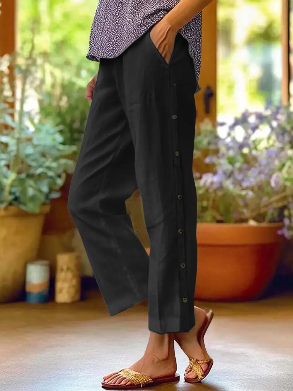 Full Size Side Decor Button Wide Leg Pants Plus Size