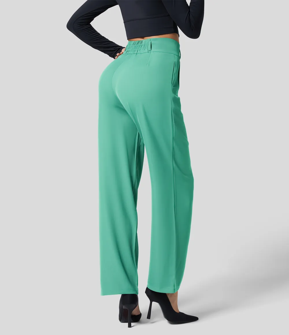 High Waisted Button Zipper Plicated Side Pocket Shirred Straight Leg Work Pants