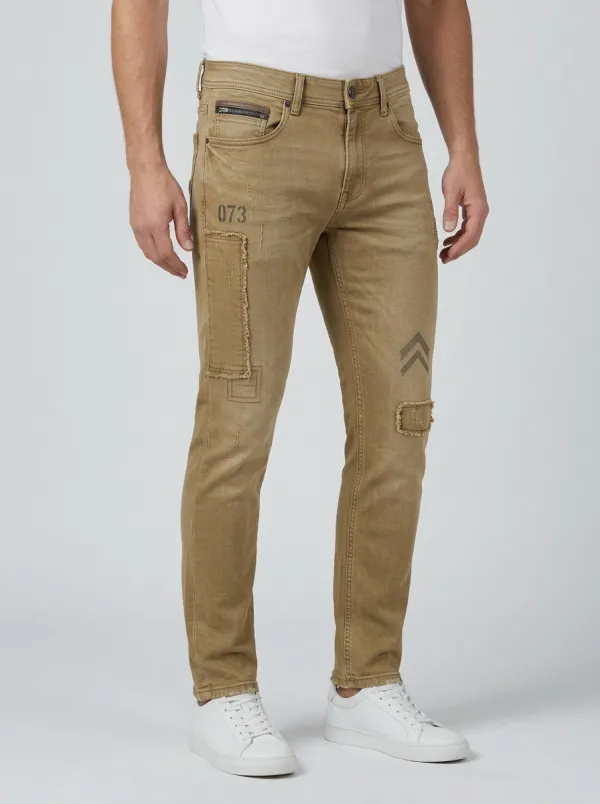 Men's 073 Graphic Patchwork Distressed Printed Slim-Fit Jeans