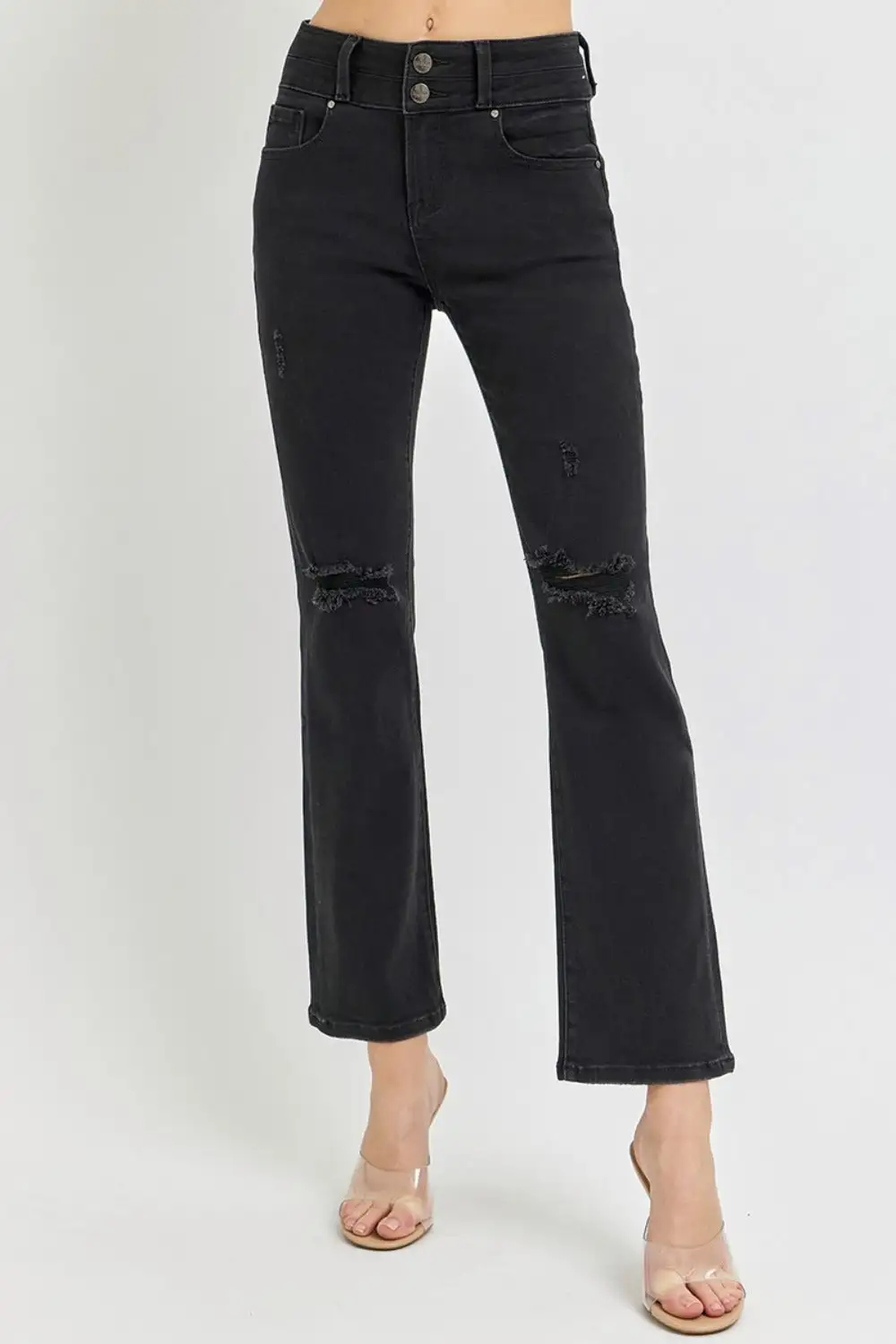 High Rise Wide Waistband Ankle Bootcut Denim Jeans