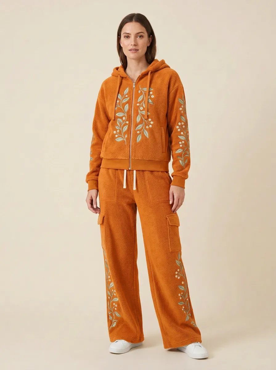 Women's Floral Embroidered Fleece Hoodie And Cargo Set