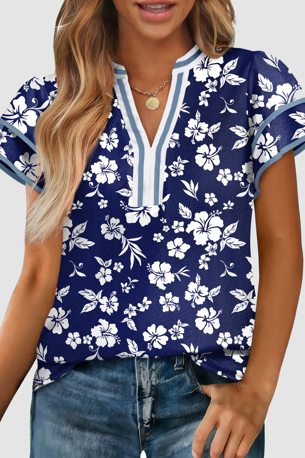 Blue Floral Print Contrast Trim Blouse