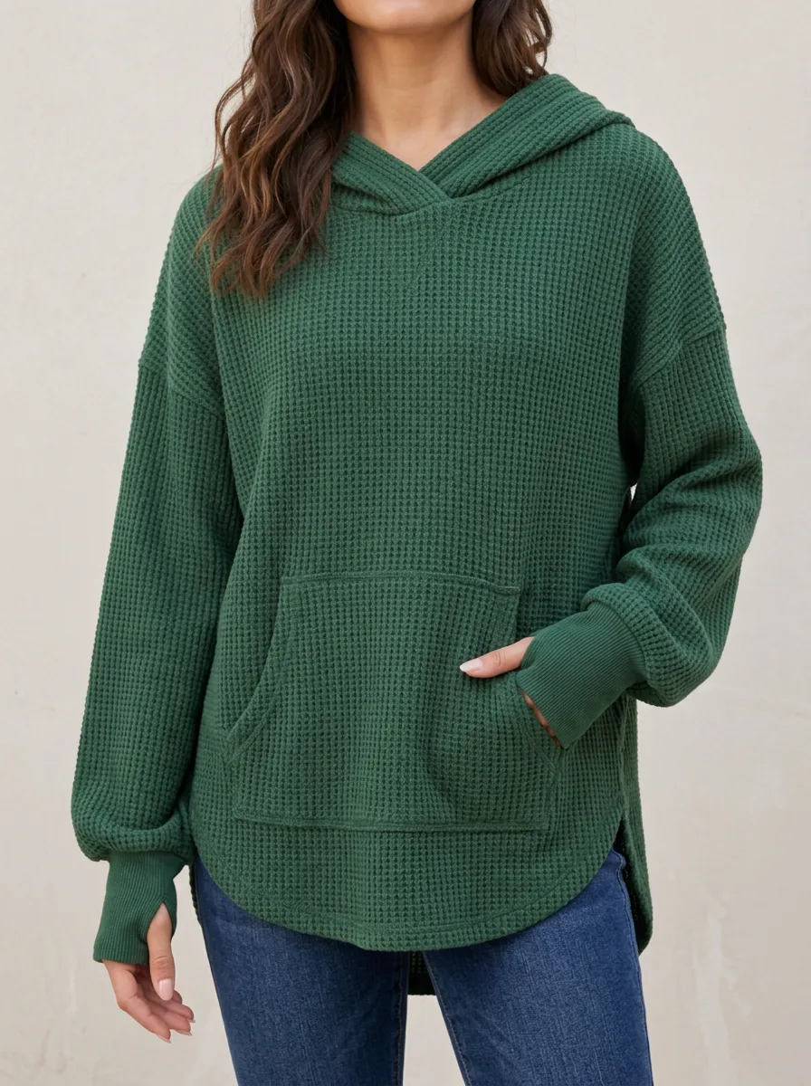 Heritage Inspired Waffle Knit Hooded Pullover Top